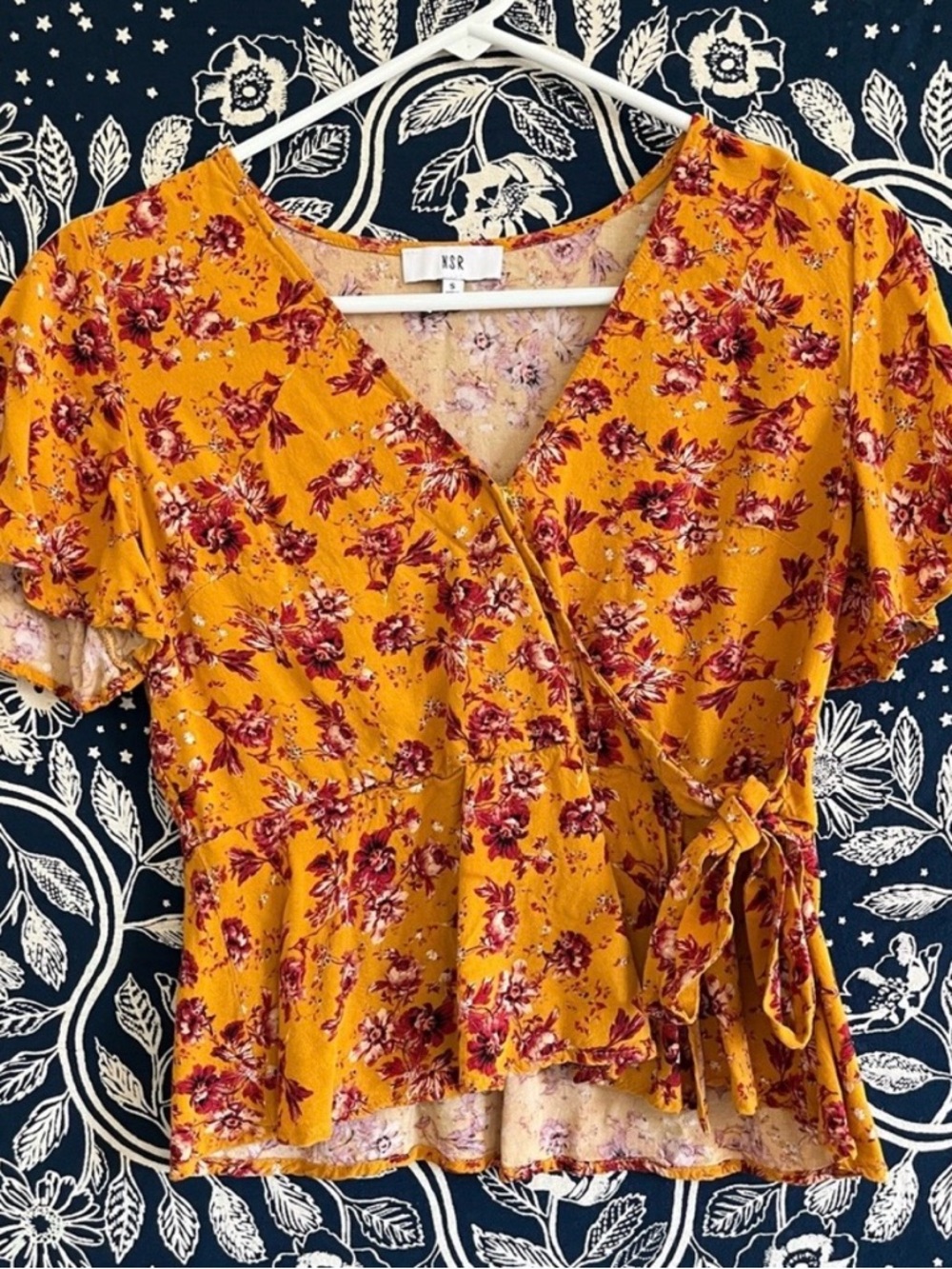 NSR Mustard Floral Wrap Peplum Blouse with Red Print